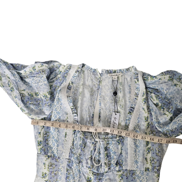 For Love and Lemons Gracie Mini Dress Priarie Blue Floral Patchwork Size L NWT - Picture 8 of 10